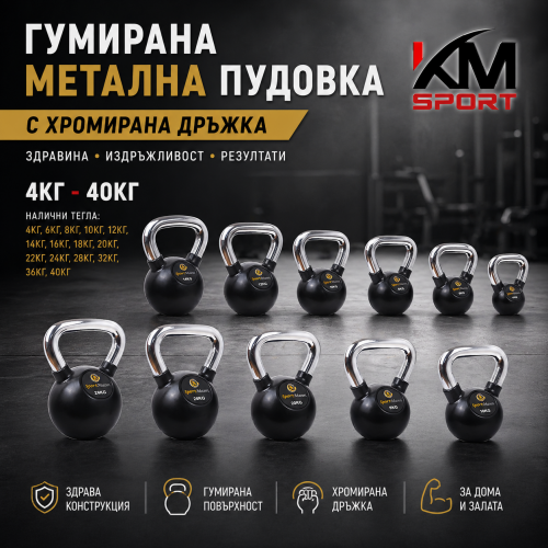 Пудовка с гумирано покритие и хромирана ръкохватка от 4кг до 40кг , Пудовка с гумирано покритие и хромирана ръкохватка от 4кг до 40кг ,